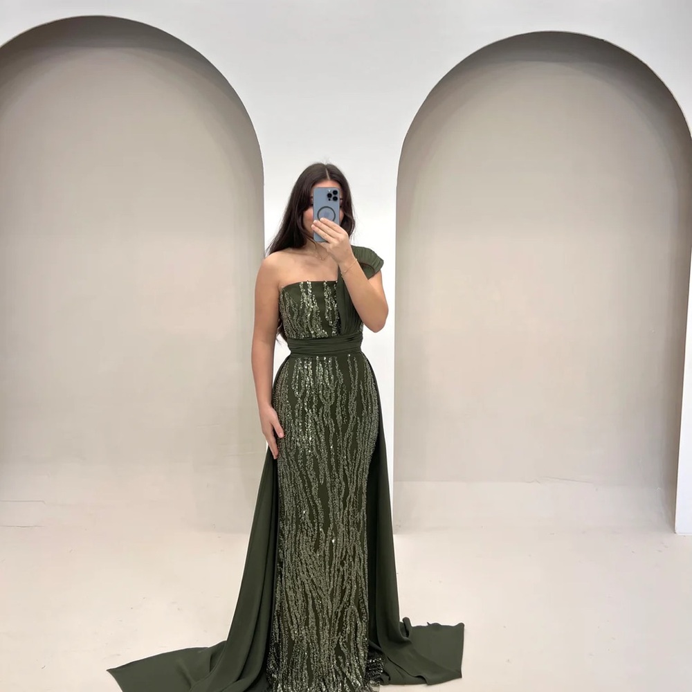 Green Pleated One Shoulder Gown